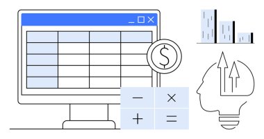 Finansal büyümeyi ve analitik düşünmeyi vurgulayan okları olan hesap tablosu, hesap makinesi sembolleri, dolar işareti, bar grafiği ve ampulü gösteren bilgisayar ekranı. Finans, veri ve ekonomi için ideal
