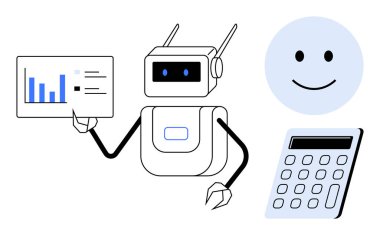 Gelecekçi robot veri tablosu, gülen surat ve yapay zekayı ve teknolojiyi temsil eden hesap makinesi. Otomasyon, analitik, eğitim, iş, karar verme, verimlilik ve ilerleme için ideal