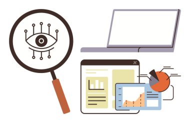 Göz grafiği üzerinde büyüteç, veri tabloları, analitik gösterge paneli ve dizüstü bilgisayar. Teknoloji, veri analizi, dijital araştırma, bilgi güvenliği, pazar anlayışı için ideal büyük veri düzlüğü