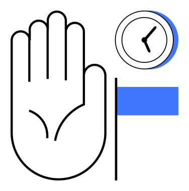 Zaman farkındalığını, disiplini ve sınırları vurgulayan bir saatle özetlenmiş bir el. Zaman yönetimi, odaklanma, üretkenlik, organizasyon, kurallar, basit düz metafor programlama için ideal