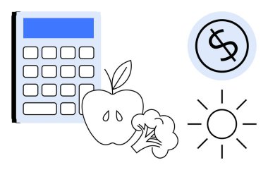 Hesap makinesi, elma, brokoli, güneş ve para birimi elementleri finansal planlamayı, sağlıklı yaşam tarzını, ekolojik bilinci ve sürdürülebilirliği sembolize eder. Bütçe besinlerinin sağlığını finanse etmek için ideal