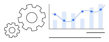 Yükselen bir eğilim çizgisi olan çubuk grafiğin yanında iki vites mekanizması var. Analiz, yenilik, süreç iyileştirme, strateji, otomasyon, takım çalışması için ideal, basit düz metafor