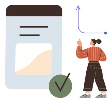 İstatistiksel uygulama verilerini inceleyen, yukarı grafiğe işaret eden, kontrol listesi onaylı bir kadın. Üretkenlik, iş büyümesi, analiz, strateji, planlama teknolojisi için ideal başarı. Basit düz metafor