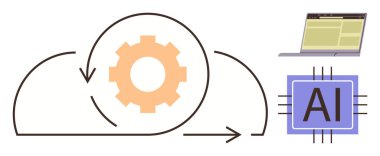 İş akışını ve otomasyonu simgeleyen içerideki vites, dijital aletler için dizüstü bilgisayar ve yapay zeka çipi bağlantısı. Teknoloji, yapay zeka, otomasyon, bulut hesaplama, yenilik, veri bilimi ve dijital için ideal