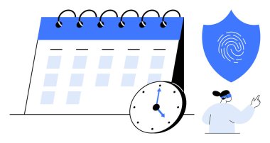 Spiral ciltli masa takvimi, kalkanın içinde parmak izi, saat ve güvenliği gösteren profesyonel bir kadın. Planlama, gizlilik, zaman yönetimi, organizasyon, güvenilirlik için ideal