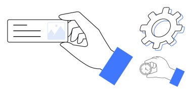 El gösterimi kimlik kartı, dişli sembolik ayarlar, saati gösteren saat. Kimlik, yönetim, zaman izleme, süreç verimliliği, iş planlama organizasyonu için ideal. Basit düz metafor