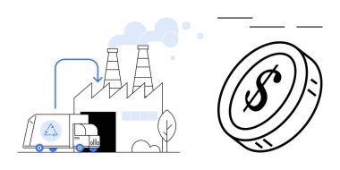 Fabrikaya geri dönüşüm kamyonu boşaltılıyor. Oklar dairesel akışı gösteriyor. Madeni para ekonomik değeri vurgular. Sürdürülebilirlik, ekonomi, geri dönüşüm, çevre, sanayi ve atık için ideal