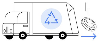 Geri dönüşüm sembolüyle işaretlenmiş nakliye kamyonu dairesel ekonomiyi temsil eden madeni para, finansal etki. Sürdürülebilirlik, çevre, ekonomi, atık yönetimi, lojistik, eko-ulaşım için ideal