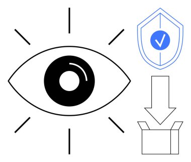 Görmeyi simgeler, güvenlik için bir kalkan, indirmek için bir kutuya işaret eden bir ok ya da paket teslimatı. Gizlilik için ideal, veri koruması, teknoloji, dağıtım, izleme, yazılım
