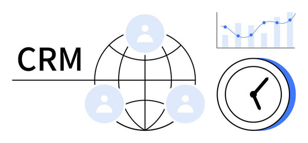 CRM text with user icons on a globe signifying team collaboration, clock representing time optimization, and a graph highlighting data-driven insights. Ideal for business, analytics, strategy