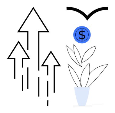 Bir dolar işaretiyle çiçek açan saksı bitkisinin yanında yukarı bakan oklar. Büyüme, başarı, yatırım, kalkınma, finans, yenilik ve strateji için ideal. Basit bir düz metafor.