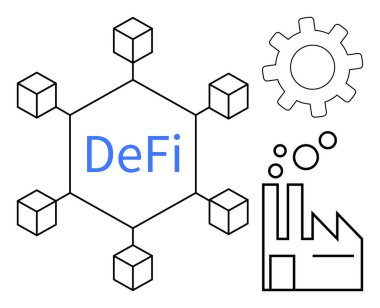 Merkezi olmayan finans ağı engelleme düğümleri, işlevselliği sembolize eden vites ve sanayi fabrikası tarafından temsil ediliyor. Finans, engelleme zinciri, yenilik, teknoloji, endüstri, verimlilik için ideal