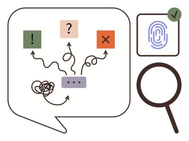 Kararlar, uyarılar, X, büyüteç ve parmak izlerine yol açan karmaşık oklarla dolu konuşma balonu. Sorun çözme, analiz, karar verme iletişim stratejisi seçimi için ideal