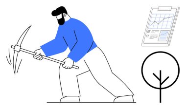 Kazmalı işçi madenciliği, büyümeyi sembolize eden ağaç, ölçü ve veri eğilimlerini gösteren pano. Sürdürülebilirlik, veri analizi, çevre çalışması, ilerleme, üretkenlik ve kaynak için ideal