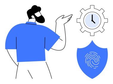 Viteste saate doğru hareket eden ve kalkanda parmak izi olan bir adam. Güvenlik, zaman izleme, verimlilik, veri koruması, dijital kimlik, siber güvenlik, verimlilik kavramları için ideal