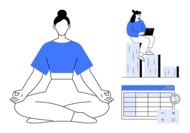 Lotus 'ta meditasyon yapan bir kadın dizüstü bilgisayarda ve finansal yazılımda çalışan başka bir kadının yanında poz veriyor. Farkındalık, üretkenlik, iş hayatı dengesi, finans, kişisel büyüme, teknoloji, refah için ideal