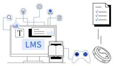 Bilgisayar, kitap, tablet, oyun denetleyici ve LMS arayüzüne bağlı dijital simgeler. Eğitim, eğitim, e-öğrenme gamifikasyon teknolojisi bilgi paylaşım ve dijital içerik için idealdir. A