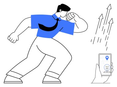 Mavi gömlekli ve kravatlı odaklanmış bir adam, kararlılıkla hazırlanmış, bir yön haritası ve yukarı bakan oklar gösteren akıllı bir telefonla eşleştirilmiş. Liderlik, eylem, büyüme, kariyer başarısı, motivasyon için ideal