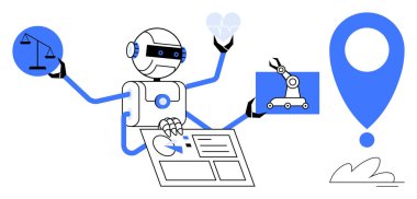 Birden fazla silahı olan robot adalet ölçeği, kalp, robot kol ve arayüzü tutarken aynı zamanda otomasyonu, hukuku, yeniliği, sağlığı, çoklu görevi ve basit bir konumu simgeliyor.