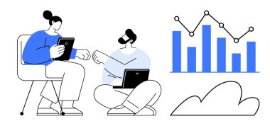 İki meslektaş, bar çizelgesi ve veri grafiğinin yanında dizüstü bilgisayar ve tablet kullanarak etkileşim halindeler. Takım çalışması, teknoloji, veri analizi, bulut hesaplaması, iletişim, iş büyümesi, modern çalışma alanları için ideal