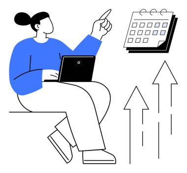 Dizüstü bilgisayarı olan, takvime bakan biri. Yukarı çıkan oklar gelişme ve büyümeyi temsil ediyor. Üretkenlik, planlama, zamanlama, zaman yönetimi, strateji, başarı hedefi