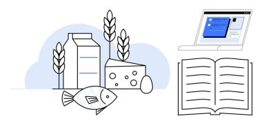 Süt kutusu, peynir, balık, yumurta, buğday, açık kitap ve dizüstü bilgisayar ekranı. Tarımsal sürdürülebilirlik teknolojisi eğitim gıda endüstrisi sağlık çevre dostu uygulamalar için idealdir. Basit düz metafor