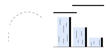 Değer veya eğilim analizinde düşüşü gösteren eğimli ok ve çizgili çubuk grafiği. İş, finans, ekonomi, performans, tahmin, veri ve büyüme planlaması için ideal. Basit düz