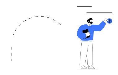 Not defteri tutarken para kaldıran kişi, asgari tasarım tarzında. Finans, yatırım, planlama, ekonomi, tasarruf, iş büyümesi için idealdir. Basit düz metafor