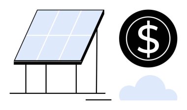 Güneş ışığını enerjiye çeviren güneş paneli, tasarruf maliyetini simgeleyen dolar işareti, minimum bulut. Yenilenebilir enerji, finans, sürdürülebilirlik, maliyet verimliliği, yeşil teknoloji, temiz güç için ideal