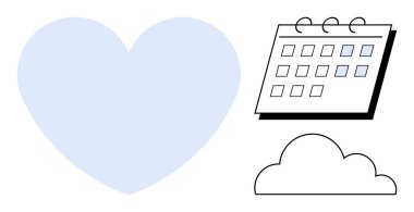 Büyük kalp, işaretli tarihli takvim ve yüzen basit bulut. İlişkiler, planlama, hafıza, duygular, hayat temalarını planlayan farkındalık için idealdir. Basit düz metafor