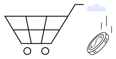 Düşen bozuk para ve bulut elementli alışveriş arabası online alışveriş, ekonomi ve işlemleri gösteriyor. E-ticaret, finans, pazarlama, harcama, tasarruf ve tüketiciyi bütçelemek için ideal