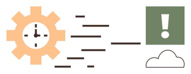 Hareket çizgileri olan çarkıfelek saati, ünlem işareti, ve bulut taşıma zamanı baskısı, verimlilik, verimlilik, aciliyet, iş akışı optimizasyonu, problem çözme stratejik planlama. Minimalist daire