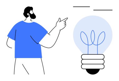 Mavi gömlekli bir adam ampulü işaret ediyor, filamanlar büyümeyi, sürdürülebilirliği ve yaratıcılığı sembolize ediyor. Yenilik için ideal, eko-bilinç, eğitim, takım çalışması