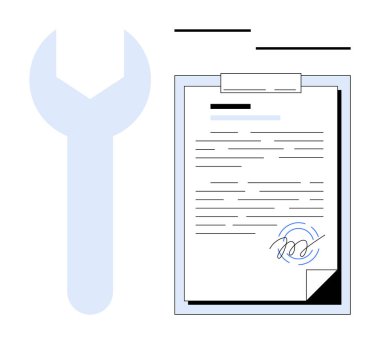 Onarım, bakım, işbirliği, anlaşma, poliçe, yasal sözleşme ve teknik desteği temsil eden bir İngiliz anahtarının yanındaki panoda imzalanmış belge. İş, hizmet ve basit bir daire için ideal.