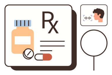 İlaç şişesi, kapsül ve reçete ses tanıma sembolü ve arama büyüteciyle temsil ediliyor. Sağlık hizmetleri, eczane teknolojisi, teletıp, tanı, yenilik ve hasta için ideal