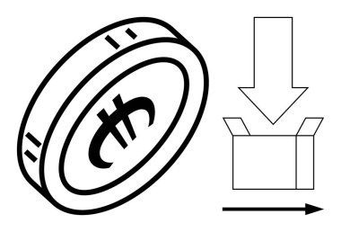 Eğik bir dijital para, aşağı doğru büyük bir ok ve yön oku olan bir kutuyu aç. E-ticaret, ödeme nakliyesi, çevrimiçi pazar, lojistik, para akışı, finansal planlama için ideal
