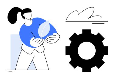 Kadın, ekolojik bilinci simgeleyen bir yaprak tutuyor. Teknoloji için teçhizat ve yenilik için bulut var. Sürdürülebilirlik, teknoloji, yenilik, çevre bağlantısı, takım çalışması, büyüme için ideal