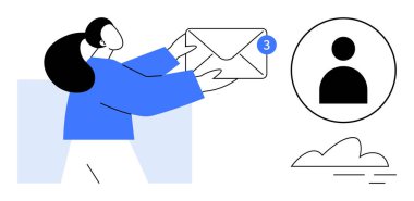 Bildirim rozeti, kullanıcı profili ikonu ve bulut elementi olan bir kadın. İletişim, mesajlaşma, bağlantı, ağ oluşturma, takım çalışması dijital pazarlama bilgi paylaşımı için idealdir. A