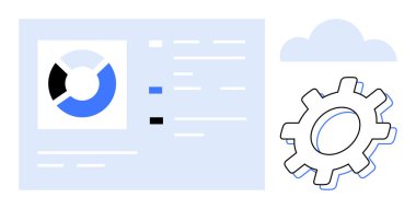 Turta grafiği, metin detayları ve bulut entegrasyonu kavramına sahip vites. Teknoloji, analitik, veri işleme, bulut hesaplama, sistem yönetimi, yazılım araçları ve yenilik temaları için ideal