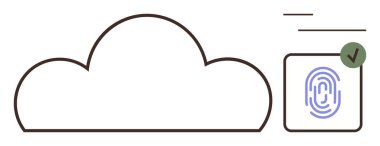 Parmak izi tarayıcısı ve güvenlik erişimi ve veri gizliliğini sembolize eden işaretli bulut hatları. Teknoloji, siber güvenlik, kimlik doğrulama, bulut hesaplama, gizlilik, çevrimiçi güvenlik, dijital