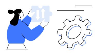 Büyük vites tekerleğinin yanında yön okları olan yapboz parçası tutan bir kadın. Takım çalışması, karar verme, yenilik, strateji, süreç iyileştirme, organizasyonel büyüme için ideal
