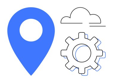 Mavi lokasyon iğnesi, bulut ana hatları ve vites ana hatları navigasyonu, bulut hesaplamasını, ayarları, bağlantıyı, dijital araçları, otomasyonu ve verimliliği sembolize eder. Uygulamalar için ideal web verimlilik araçları