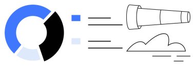 Çizgilerle birbirine bağlı dairesel çizelge ve teleskop, veri analizini, keşfi, görüşü, izlemeyi, karar vermeyi, yeniliği ve projeksiyonu sembolize eder. Basit bir düz metafor için ideal.
