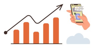 Güvenlik kodu ve doğrulama gösteren bir el telefonunun yanında yükselen eğilim okuyla bar tablosu. İş büyümesi, güvenlik, analitik, başarı, strateji, finans ve gelecek için ideal. Basit.