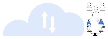 Bulut ve çift yönlü oklar, ana hatlı kullanıcı simgelerine bağlı dengeli insanlar. Takım çalışması, teknoloji, denge, bulut hesaplama, kullanıcı etkileşimi, iletişim, basit