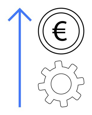 Euro madeni para ekonomiyi, vites ise sanayiyi temsil eder ve yükselen ok da ilerleme veya büyümeyi gösterir. Finans, ekonomik büyüme, yatırım, üretkenlik, başarı, strateji ve ticaret için ideal