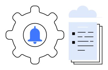 Çan sembollü ve bulut altında belge yığınlı bir ikon. İş akışı, bilgilendirme, yönetim, otomasyon, organizasyon, uygulamalar, süreçler için ideal. Basit düz metafor