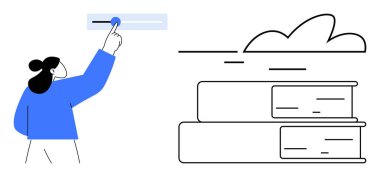 Dijital bir arayüzü, stilize kitapları ve bilgiyi, teknolojiyi, eğitimi, bulut depolamayı, çevrimiçi öğrenme veri paylaşımını ve yeniliği temsil eden bir bulutu işaret eden bir kadın. En az düz metafor