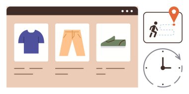 İnternetten alışveriş arayüzü, giysi parçaları, konum işaretli takip sembolü ve bir saat simgesi. Çevrimiçi perakende satış, lojistik, alışveriş deneyimi, sipariş yönetimi için ideal