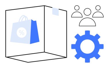 Mavi alışveriş torbası şeffaf kutunun içinde teçhizat ve kullanıcı grubu simgeleriyle çevrimiçi alışveriş, takım çalışması ve otomasyon işlemini sembolize ediyor. E-ticaret, işbirliği, lojistik ve perakende için ideal